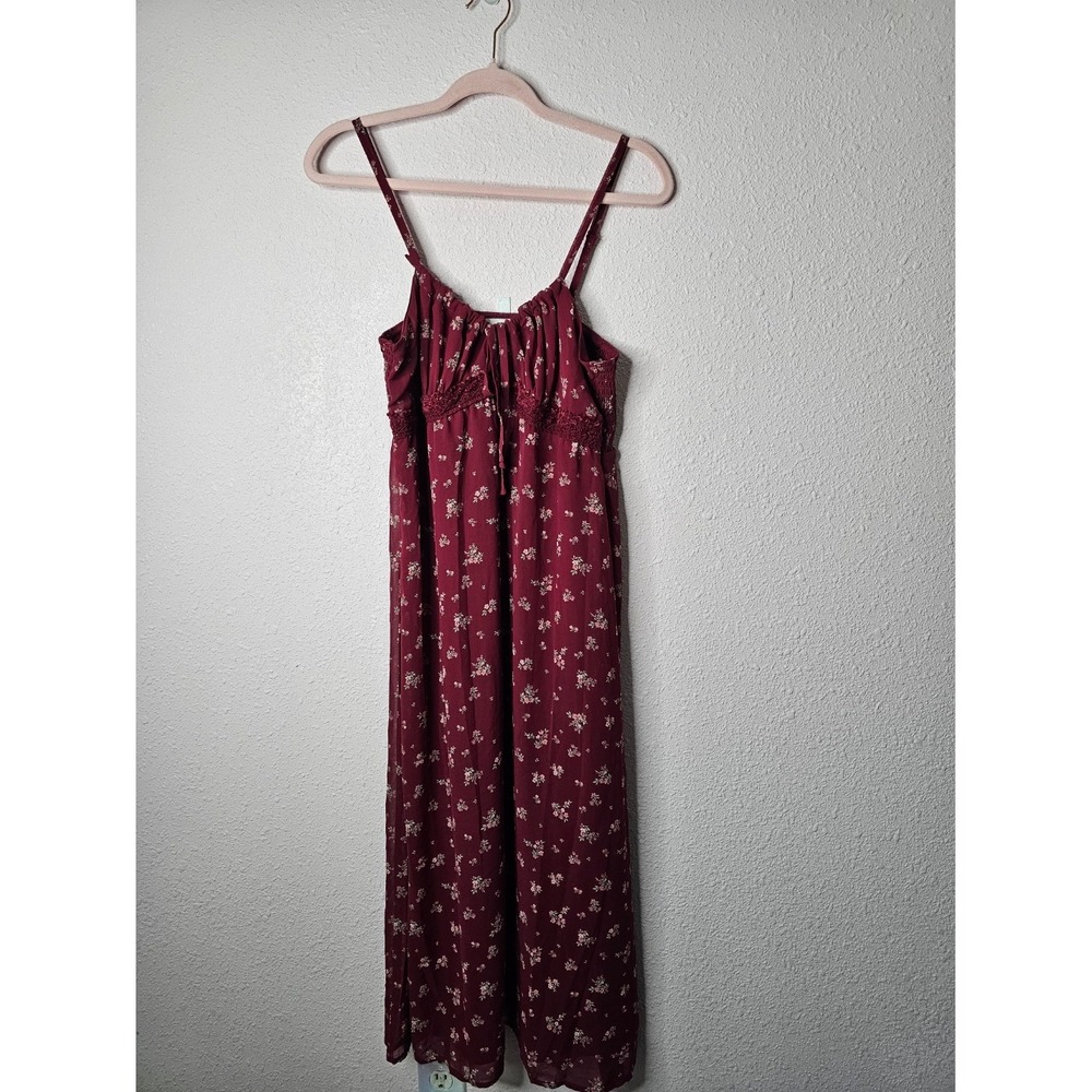 Burgundy Floral Maxi Dress Ruched Crochet Trim Size L 12-14 NWT Romantic Fall